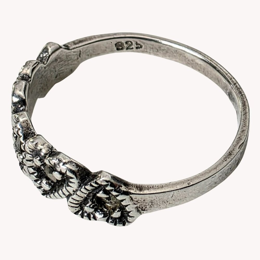 Vintage Sterling Silver Heart Ring Band Marcasite Beaded Carved Handcrafted 6.25 - Picture 2 of 9